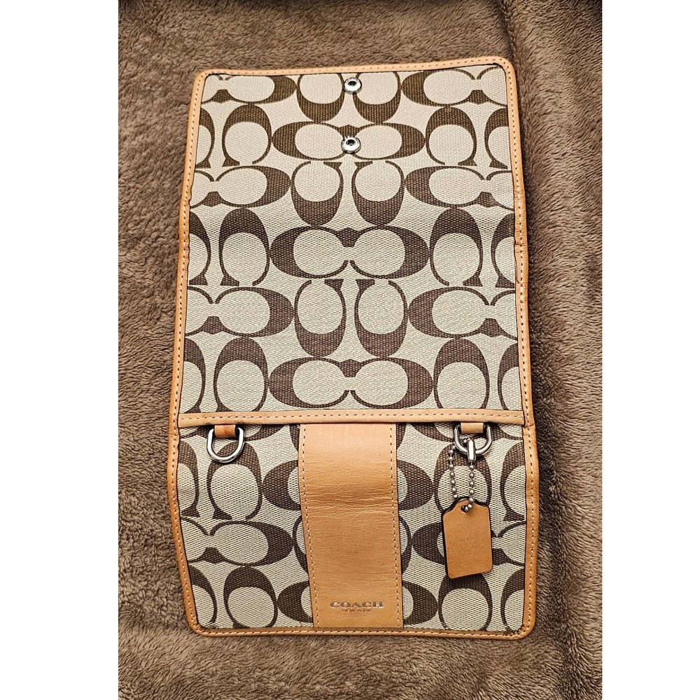 Coach Signature Canvas Trifold Wallet Crossbody Bag Khaki Brown Tan Leather - Picture 6 of 15